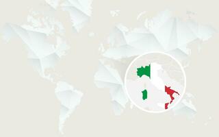 Italia mapa con bandera en contorno en blanco poligonal mundo mapa. vector