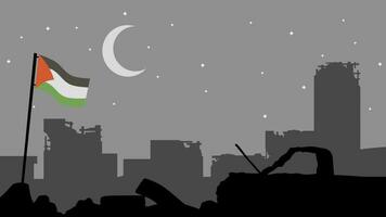 Palestinian conflict vector illustration. The destroyed city of palestine in the night. Landscape illustration of war for social issues, news, invasion and terrorism