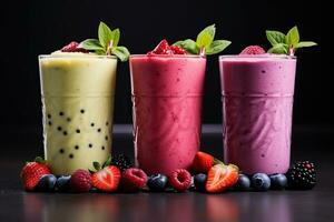 Three tasty fresh milk shakes with berries and mint on black table. Generated by artificial intelligence photo