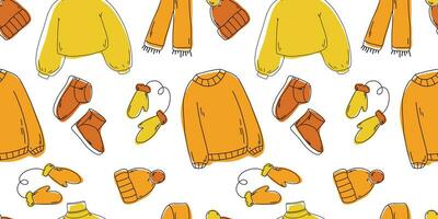 Warm autumn winter clothes seamless pattern. Knitted sweater, hat, scarf, ugg pattern. Doodle autumn winter clothes vector collection. Seasonal clothes seamless pattern