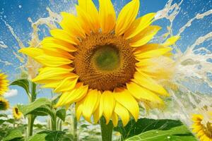 Water splash on Sunflower. background. AI Generative Pro Photo