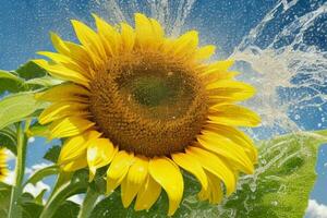 Water splash on Sunflower. background. AI Generative Pro Photo