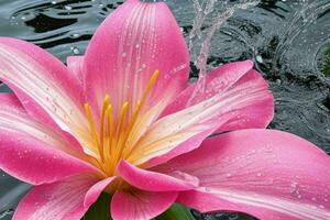 water splashes on the lily flower. background. AI Generative Pro Photo