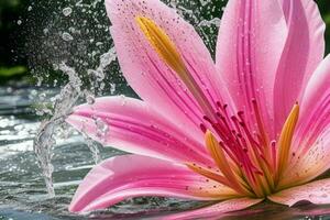water splashes on the lily flower. background. AI Generative Pro Photo