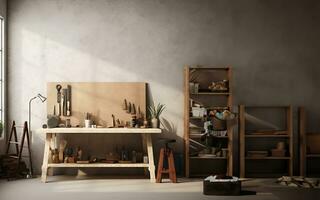 Woodworking Studio, A Workbench with Tools and a Window photo