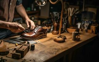 zapatero a trabajar, elaboración un cuero zapato en un taller foto