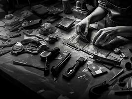 artesano a trabajar, elaboración cuero bienes en un taller foto