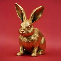 golden statue rabbit on red background photo