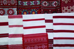 Embroidered Belorussian towels. Embroidery. National pattern.Slavic ornament on fabrics and towels photo