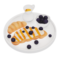 Croissant topped with milk cream , Honey and blueberries For Breakfast 3D Isolated Illustration . 3D rendering png