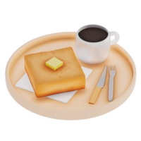 beurre pain grillé avec noir café pour petit déjeuner 3d isolé illustration . 3d le rendu png