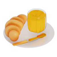 croissant avec Orange confiture pour petit déjeuner 3d isolé illustration . 3d le rendu png