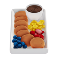 panqueques coronado con fresas, arándanos, plátanos, y chocolate taza para desayuno 3d aislado ilustración . 3d representación png