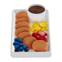 Pancakes topped with strawberries, blueberries, bananas, and chocolate cup For Breakfast 3D Isolated Illustration . 3D rendering png