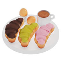 croissant toppade med choklad , jordgubb , grönt te och kokt ägg , latte för frukost 3d isolerat illustration . 3d tolkning png