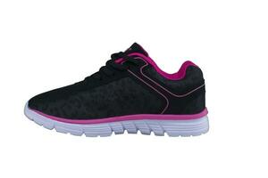 Black sneakers with pink accents on a white sole. Sport shoes on a white background. photo