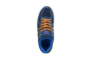 Sneakers blue with orange laces. Sport shoes on a white background top view photo