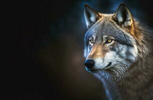 Grey wolf portrait with copy-space, generative AI photo