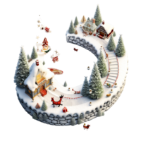 Kerstmis vakantie 3d klei illustratie, een feestelijk Kerstmis dorp verlichte met kleurrijk lichten, Daar is een de kerstman claus standbeeld in de midden- van een besneeuwd landschap ai generatief png