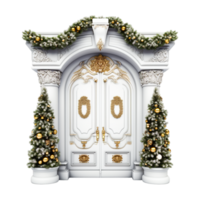 Christmas decorated door Free Photo, Festive outdoor decorations with snowy trees and a wreath Free Photo Ai Generative png
