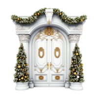 Noël décoré porte gratuit photo, de fête Extérieur décorations avec neigeux des arbres et une couronne gratuit photo ai génératif png