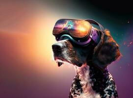 Dog wearing VR headset with augmented reality entertainment. Generative AI photo