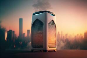 Air pollution sensor and purifier, smog in the city. Generative AI photo