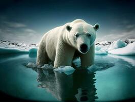 Polar bear on melting iceberg, global warming. Generative AI photo