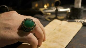 Green embroidered ring detail. Historical background. video