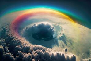 Rainbow above clouds in blue sky. Wide angle. Generative AI photo