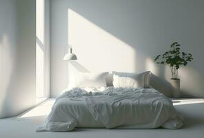 dormitorio Departamento interior en minimalista estilo con blanco cama lino. generativo ai foto
