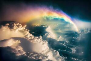 Rainbow above clouds in blue sky. Wide angle. Generative AI photo