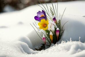 primero flor, campanillas creciente desde nieve, primavera comienza generativo ai foto