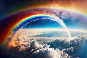 Rainbow above clouds in blue sky. Wide angle. Generative AI photo