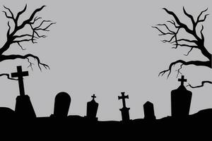 Halloween silhouette background with trees, tombstones, Cemetery in forest. vector