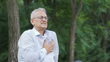 hombre con cofre dolor es en el parque. hombre con salud problema. video