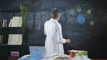 Scientist drawing Molecules on blackboard. video