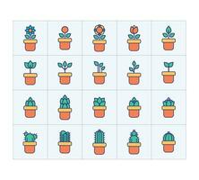 conjunto floral plantas y floreciente cactus en ollas. lote floración plantas y cactus plantas y flores íconos colocar. flores plano iconos hermosa jardín plantas. vector