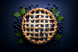 Blueberry pie lattice pastry, top view. Homemade cakes with blueberries. AI Generative png