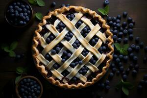 Blueberry pie lattice pastry, top view. Homemade cakes with blueberries. AI Generative photo