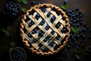 Blueberry pie lattice pastry, top view. Homemade cakes with blueberries. AI Generative photo