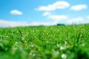 Close up spring grass field with sunlight bokeh background, Generative AI illustration photo