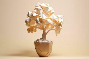 Close up of 3d low poly tree isolated on white background, geometric polygonal style, Generative AI illustration photo