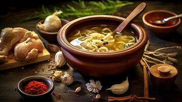 Soup with noodles and vegetables on a wooden background. Selective focus. AI Generative photo