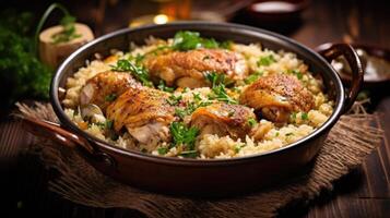 Chicken thighs with couscous and rice on a wooden background. photo