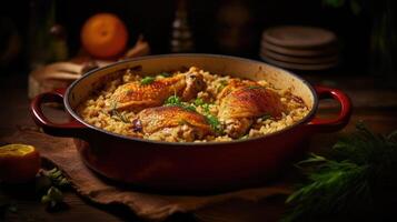 Baked chicken with rice and herbs in a red pot on a wooden table. photo