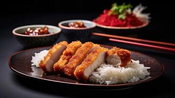 Japanese food, fried pork cutlet with rice on a black background. AI Generative photo