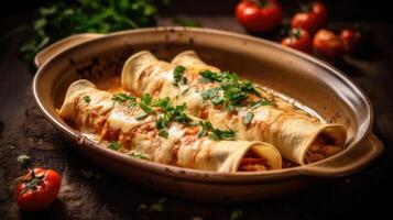 Mexican enchiladas stuffed with meat and cheese in rustic style. AI Generative photo