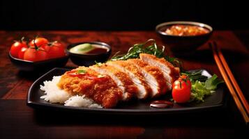 Japanese deep fried cutlet with ketchup on a black slate background. AI Generative photo