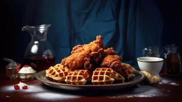Traditional belgian waffles with fried chicken on a dark background. photo